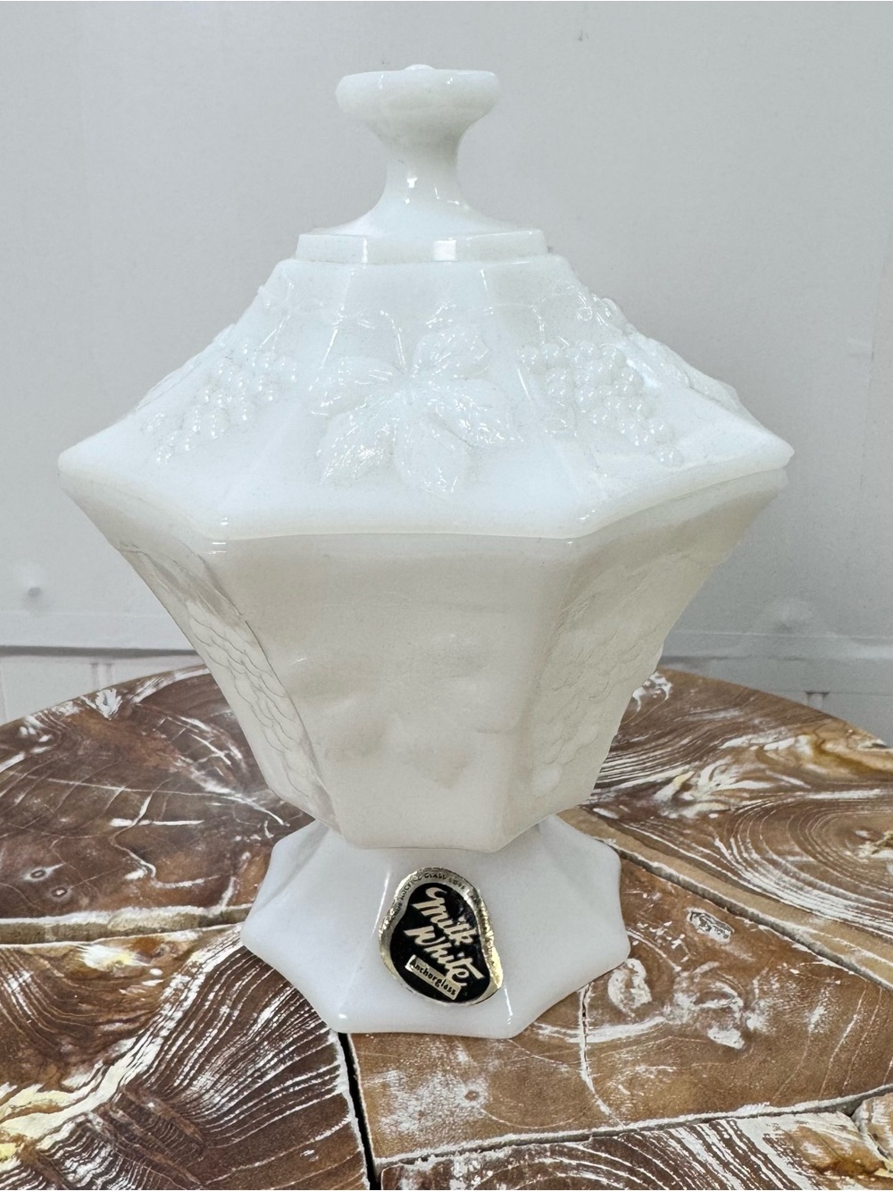 Vintage Westmoreland Milk Glass Grape Covered Pedestal Candy Dish Original Label